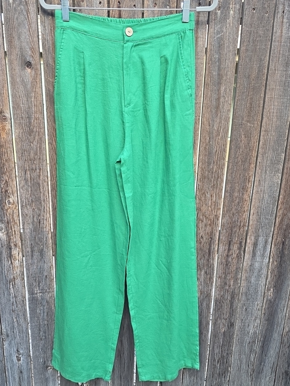 Love Tree Bright Green High Waist Wide-Leg Women's Pants 55% Linen